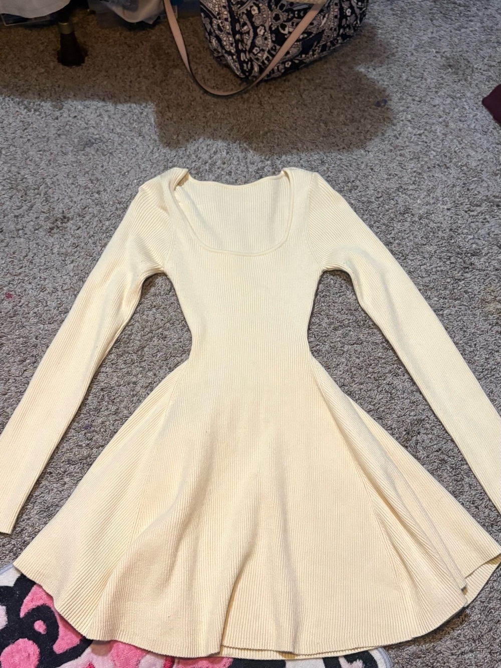 Cream Long-Sleeve Ribbed Fit & Flare Dress